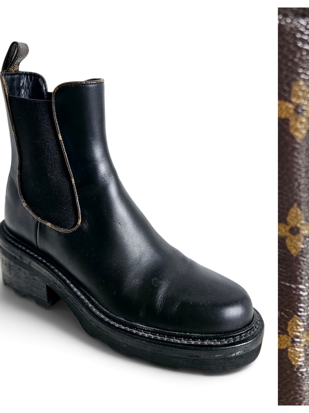 Louis Vuitton Beaubourg Chelsea Ankle Boots 38 EU Monogram Chunky Sole Calfskin